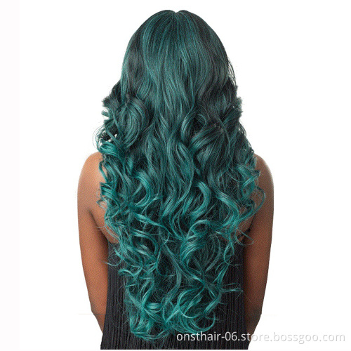 Best Price 24inch Long Ombre Green Light Synthetic Wigs Middle Part Water Wave Cosplay Wig For Black Woman Heat Resistant Fibre